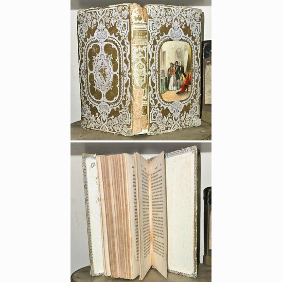 Antique 1851 French Gilded Cartonnage Book Decorative Gilt Romantic Cardboard - Picture 3 of 10